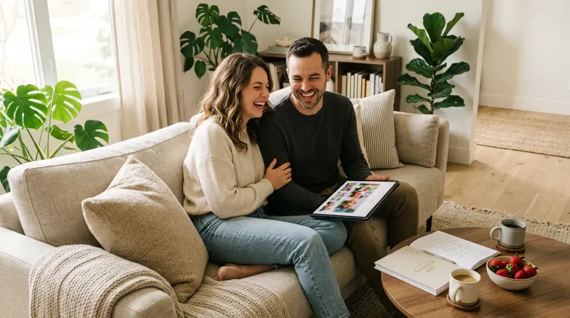 A relaxed couple laughing while planning their wedding on a tablet.