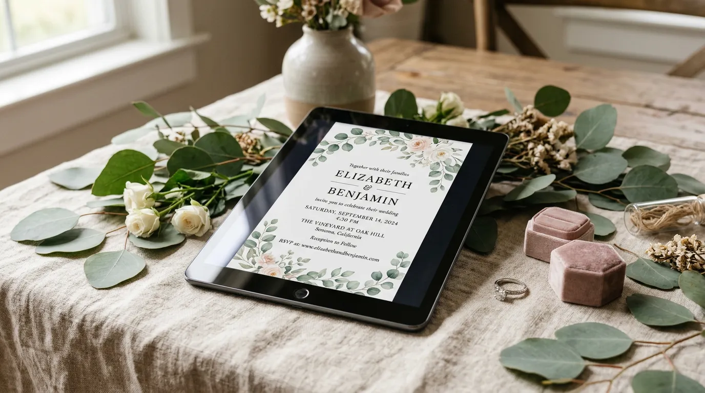Ηλεκτρονικό προσκλητήριο γάμου ανοιχτό σε tablet πάνω σε λινό τραπεζομάντηλο, με φλοράλ σχέδιο, τα ονόματα του ζευγαριού, την ημερομηνία, τον χώρο και τη διεύθυνση της ιστοσελίδας για την απάντηση, δίπλα σε κλαδιά ευκαλύπτου και λευκά τριαντάφυλλα