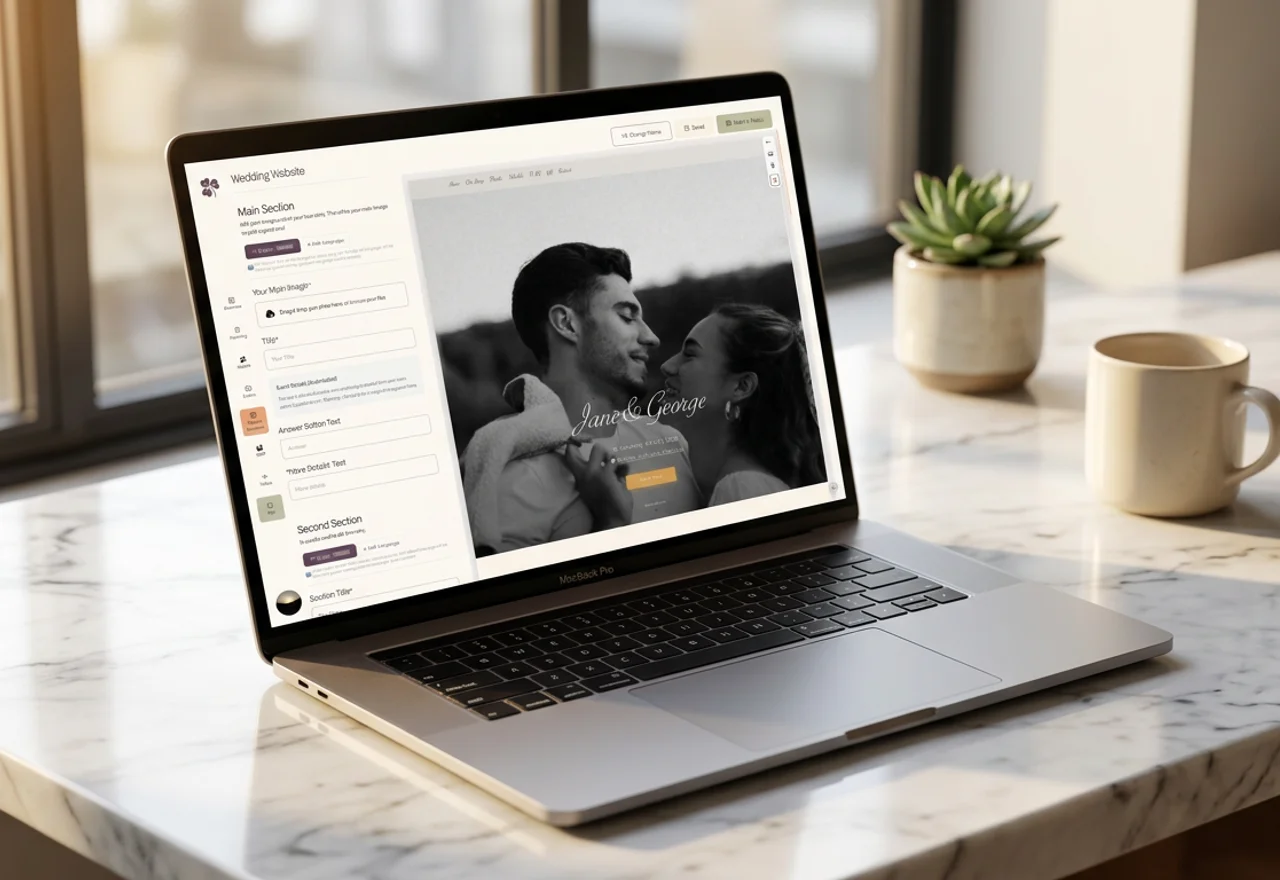 Ο επεξεργαστής ιστοσελίδας γάμου σε laptop, με τα πεδία της κύριας ενότητας αριστερά και ζωντανή προεπισκόπηση με ασπρόμαυρη φωτογραφία ζευγαριού, τα ονόματά τους και το κουμπί απάντησης δεξιά