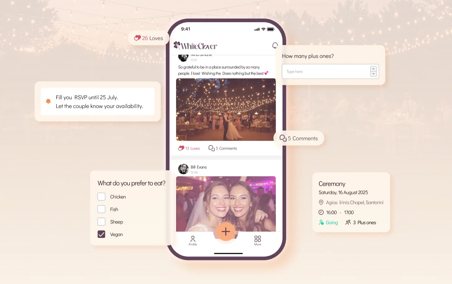Wedding guest using the WhiteClover app on a smartphone to capture a couple’s first dance under string lights, with the app interface on the right showing shared photos, messages, loves, and comments as a personal wedding journal.