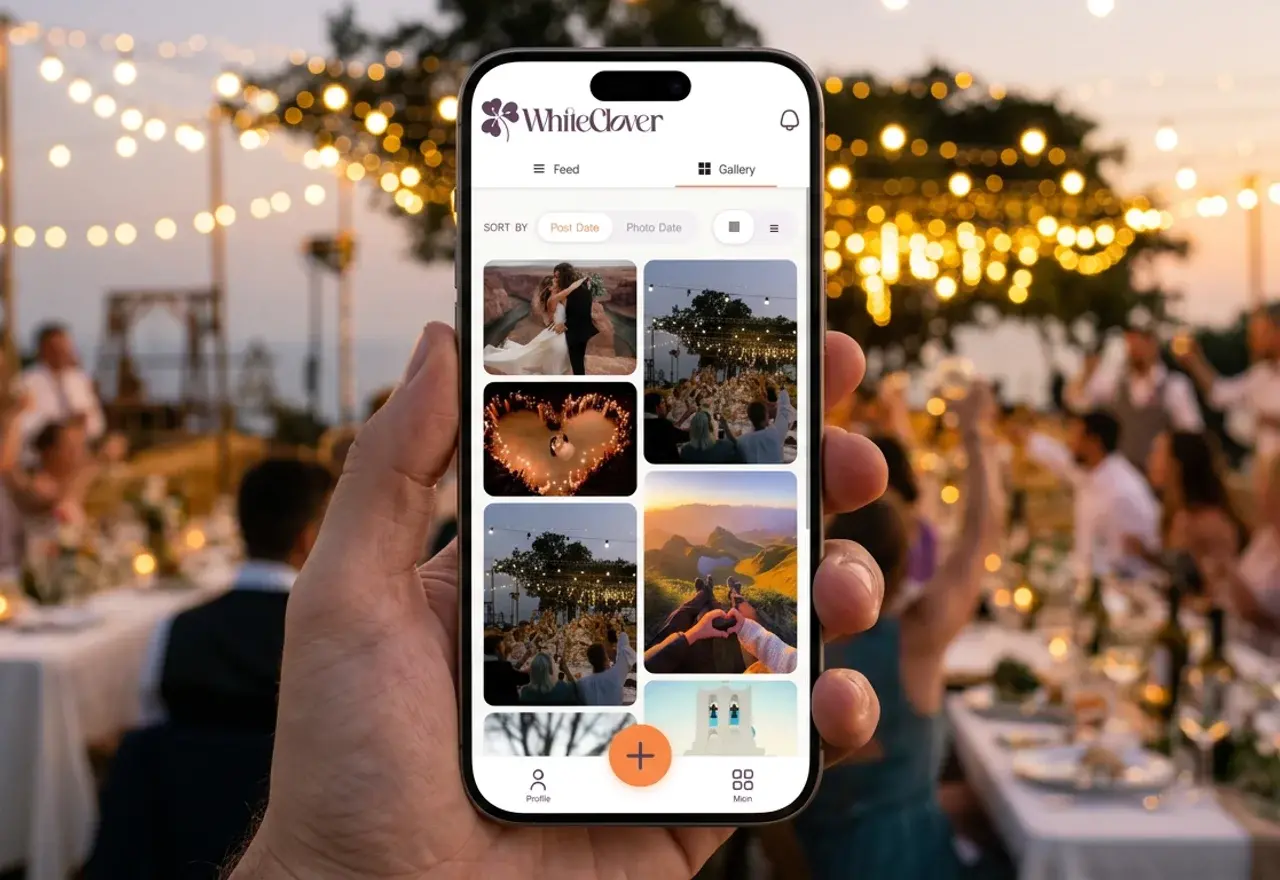 Private wedding photo feed showing guest uploads alongside messages