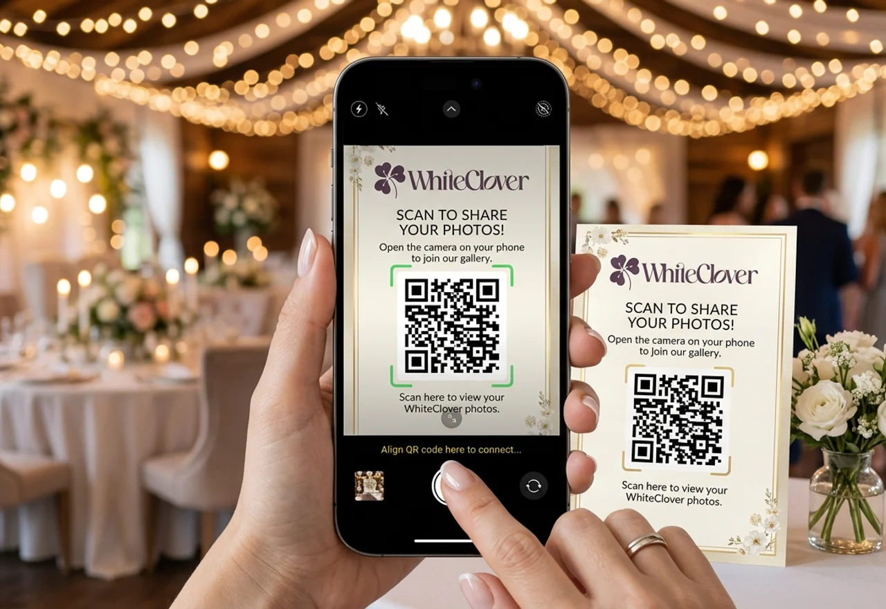 Guest scanning a QR code to open the wedding guestbook on a phone