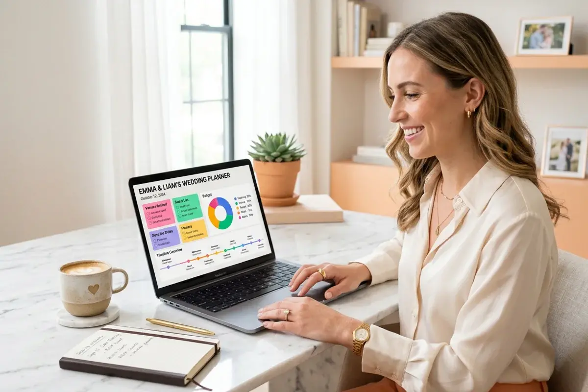 Wedding planning dashboard showing budget tracker, vendor list, and task checklist