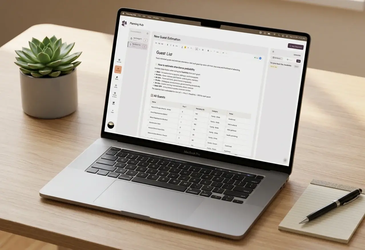 Planning Hub document titled New Guest Estimation, with a guest table showing plus ones, attendance probability and category