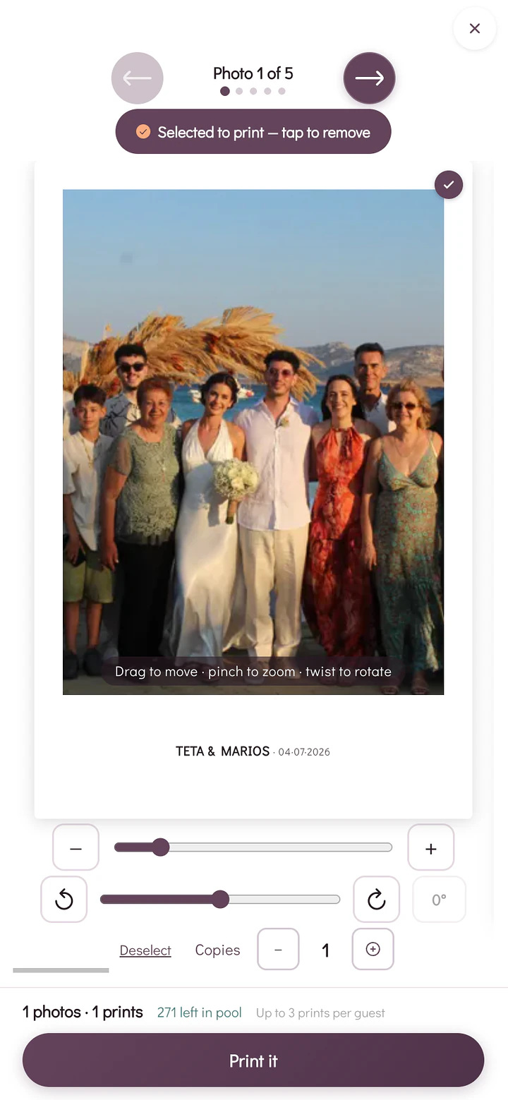 The Smart Print editor on a phone, cropping a wedding group photo with zoom and rotate sliders and a copies stepper