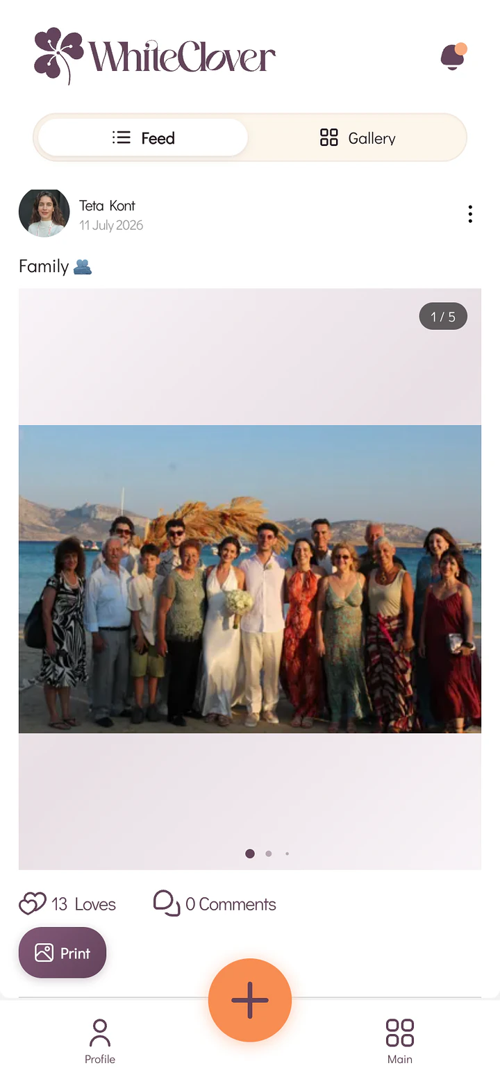 The WhiteClover guest gallery open on a phone, showing a shared wedding photo with a Print button underneath it