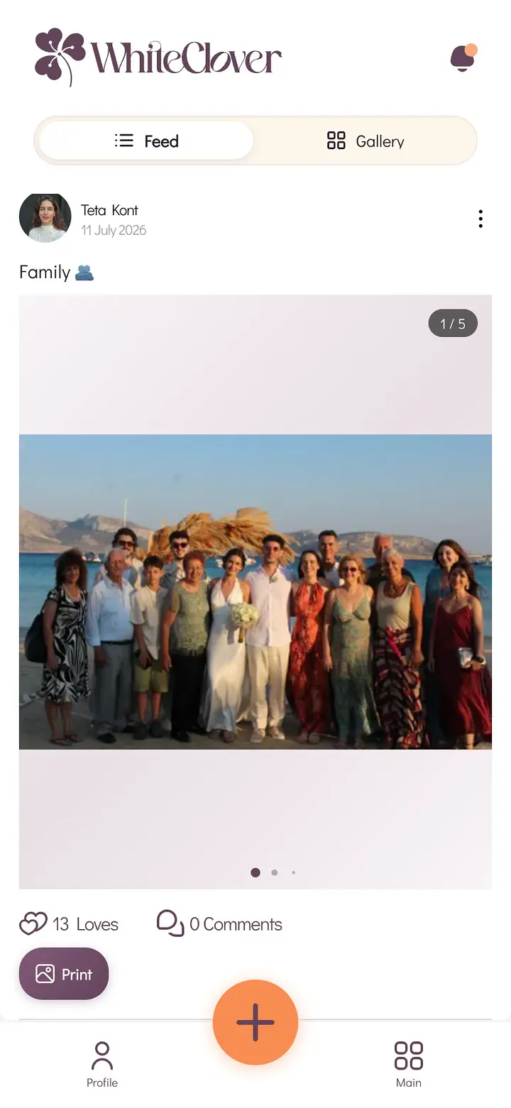 The WhiteClover guest gallery open on a phone, showing a shared wedding photo with a Print button underneath it