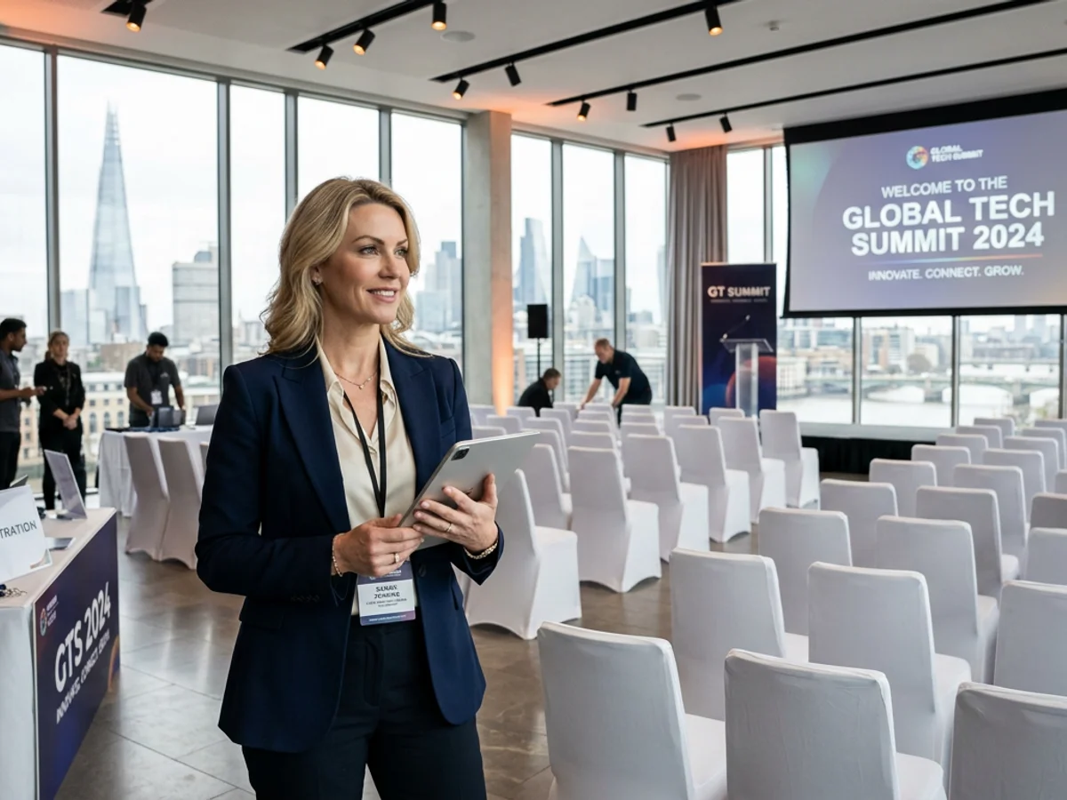 Επαγγελματίας event manager που ελέγχει λίστα συμμετεχόντων σε laptop σε σύγχρονη αίθουσα συνεδριάσεων