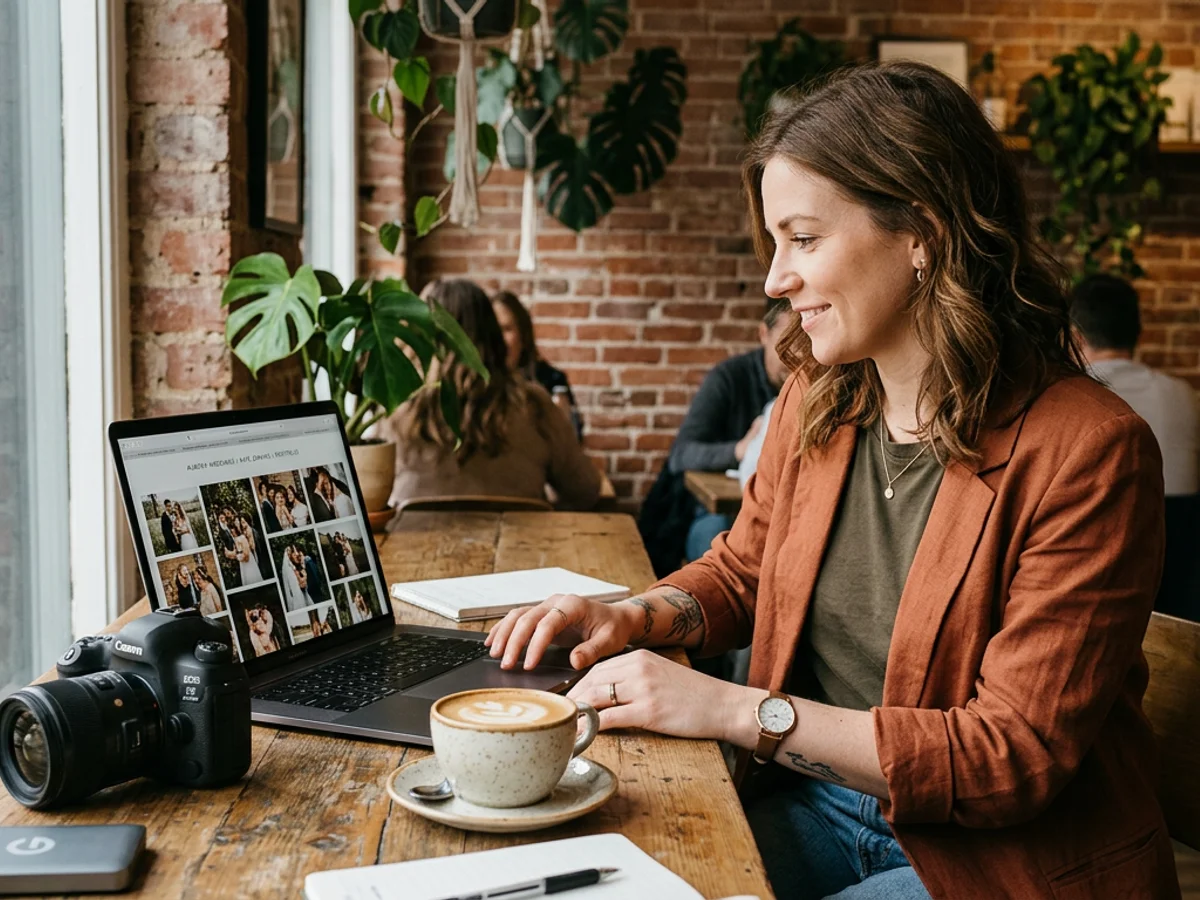 Wedding vendor reviewing their portfolio page on a laptop surrounded by professional equipment