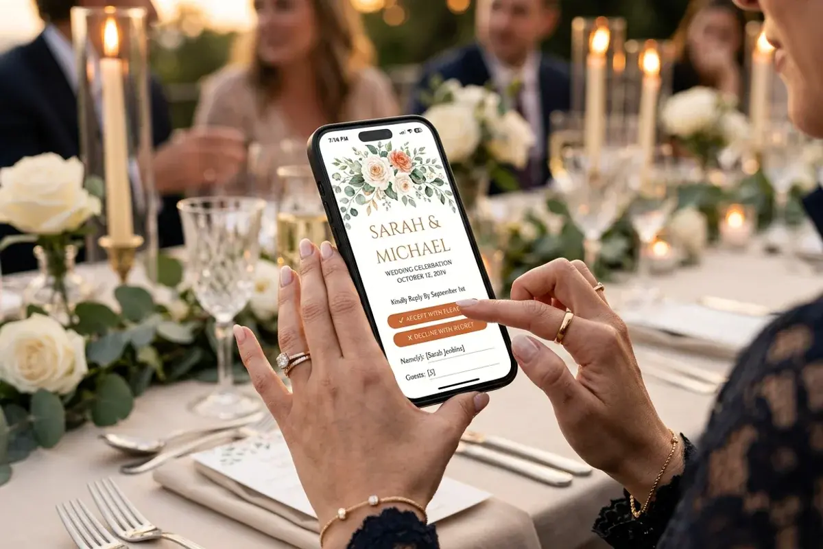 Online φόρμα RSVP γάμου σε κινητό με δική σας ερώτηση και απάντηση καλεσμένου