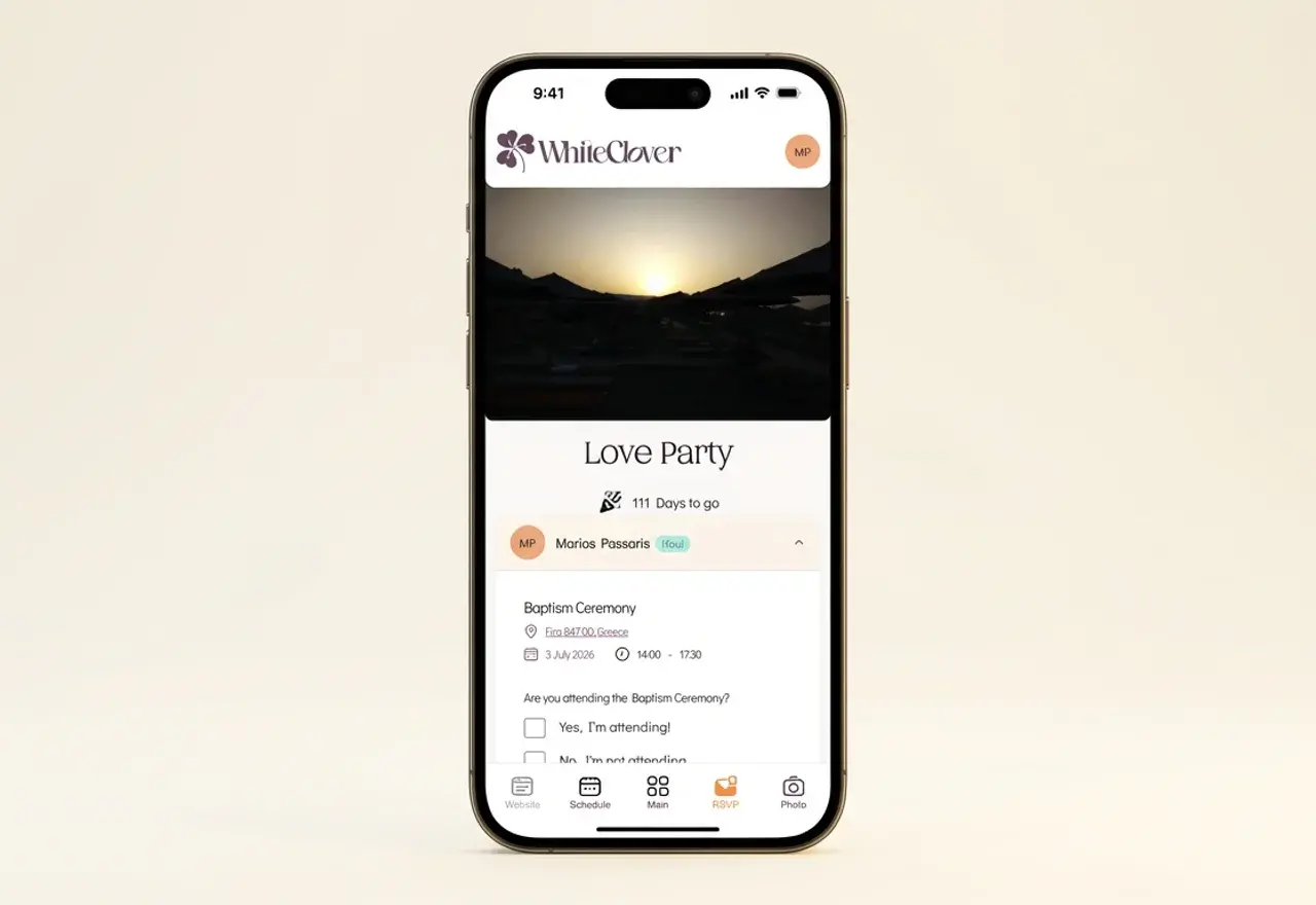 The guest-facing RSVP form on a phone, with a yes or no answer for each event alongside its venue, date and time