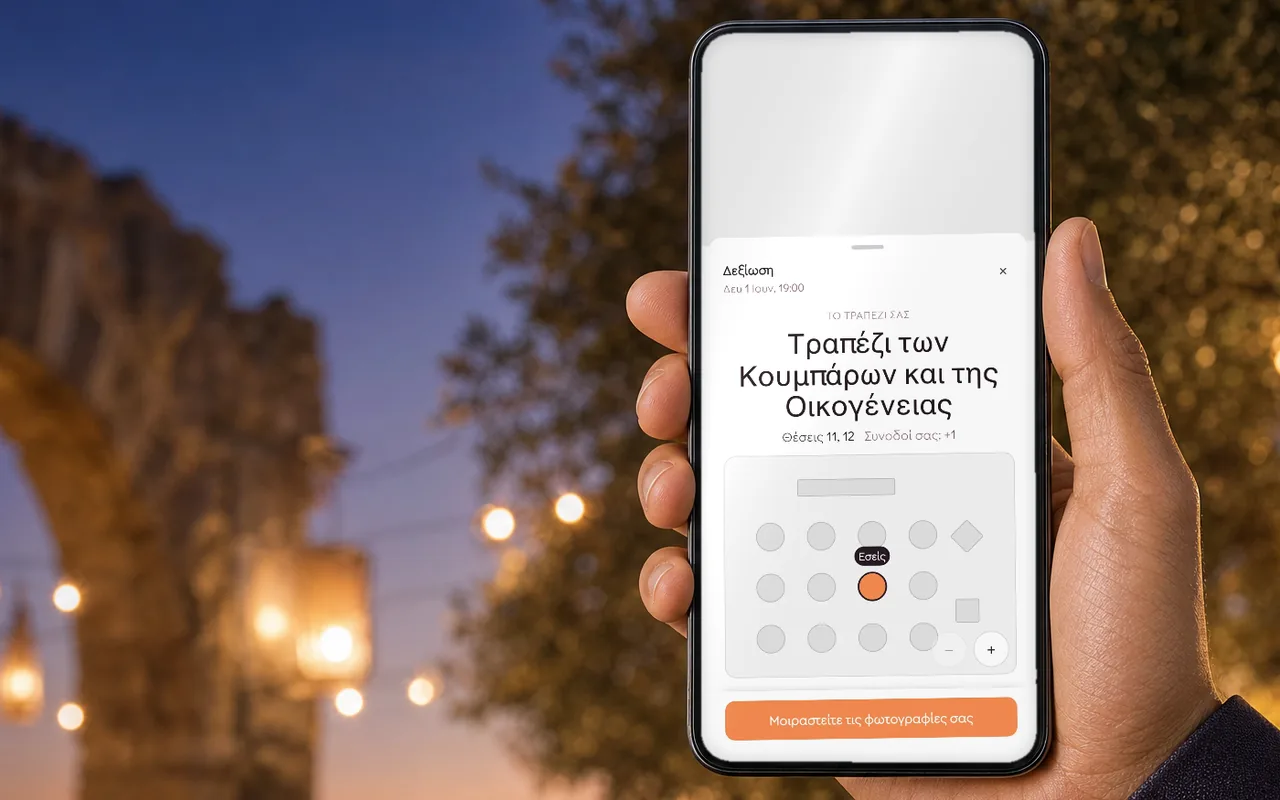 Καλεσμένος κρατά κινητό στην είσοδο του χώρου το βράδυ, με την οθόνη «Το τραπέζι σας»: το όνομα του τραπεζιού, τις θέσεις 11 και 12 με έναν συνοδό και μια μικρή κάτοψη που δείχνει πού κάθεται
