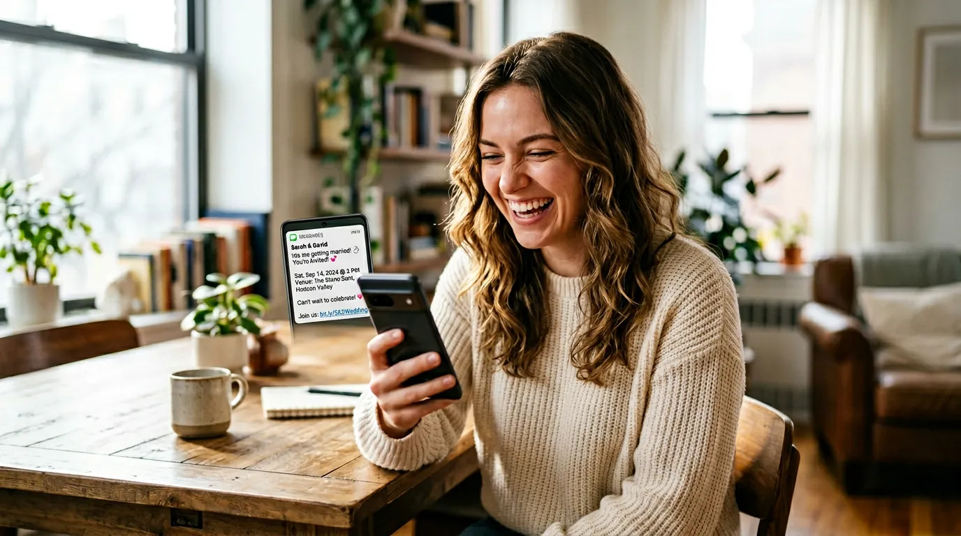 Wedding SMS invitation on mobile phone showing RSVP link