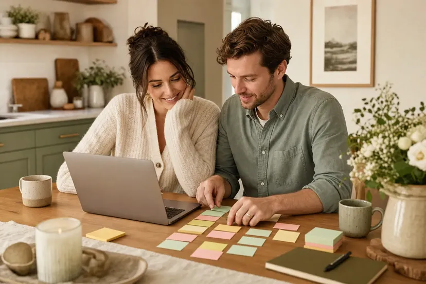 Couple managing their wedding guest list efficiently on a tablet at home with morning coffee