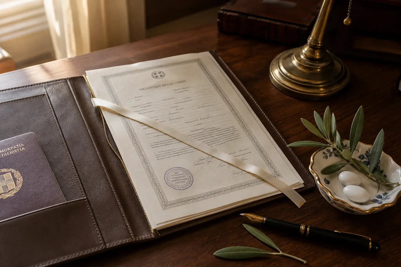 International couple at Greek town hall with marriage paperwork and apostille documents