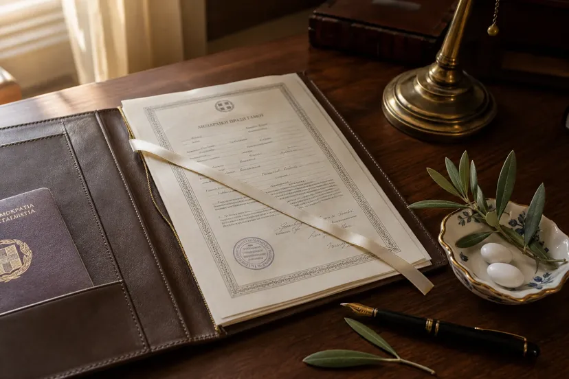 International couple at Greek town hall with marriage paperwork and apostille documents