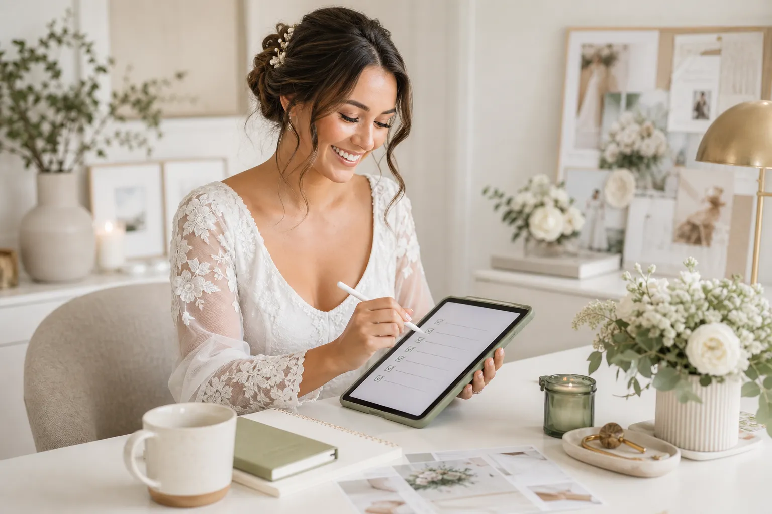 Bride and groom reviewing online wedding checklist on tablet and phone together