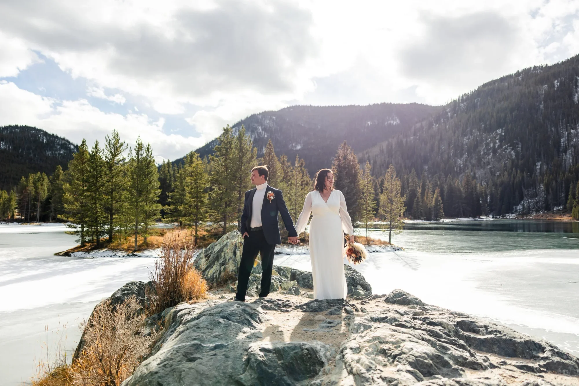 Colorado Outdoor Weddings χειμωνιάτικο elopement δίπλα σε παγωμένη ορεινή λίμνη