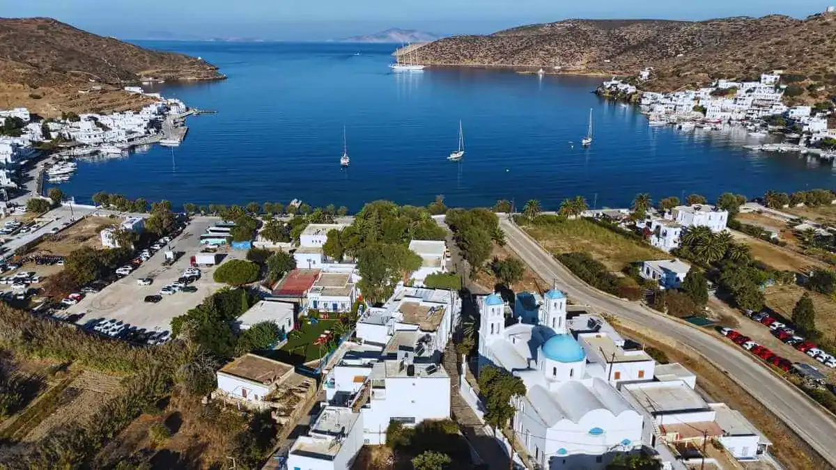 Aerial view over Katapola, Amorgos, Cyclades