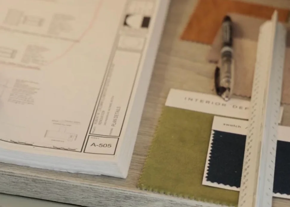 Ressa Design Collective αρχιτεκτονική κάτοψη δίπλα σε δείγματα υφασμάτων και υποδεκάμετρο, εικόνα 5