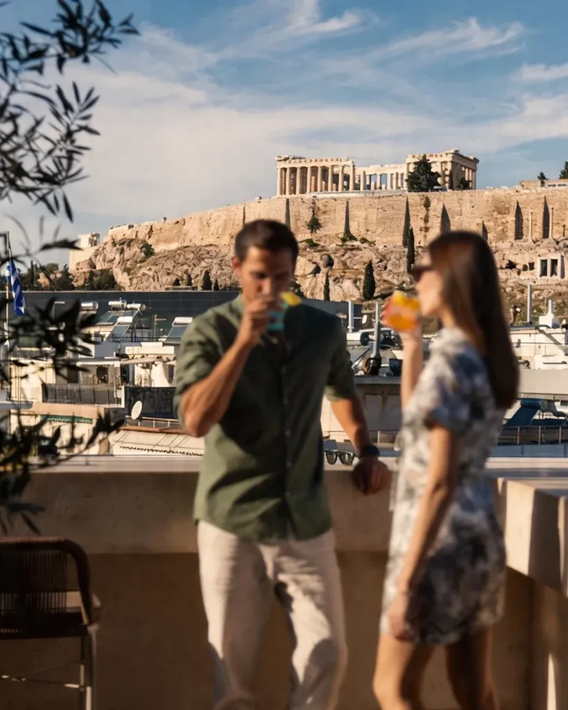 Acropolis view at sunset from Stork Rooftop, top of Niche Hotel Athens, civil wedding day