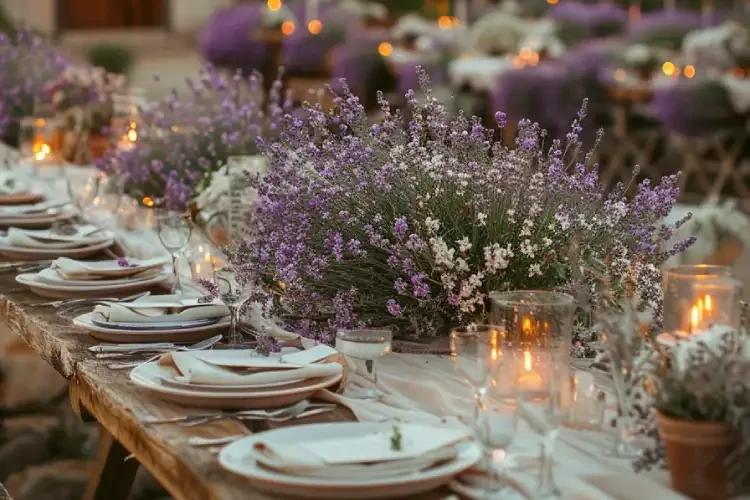 Wedding Tales Crete, μακρύ τραπέζι δεξίωσης με λεβάντα και κεριά