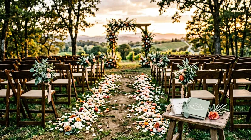 Outdoor wedding ceremony aisle at golden hour with greenery and vow books