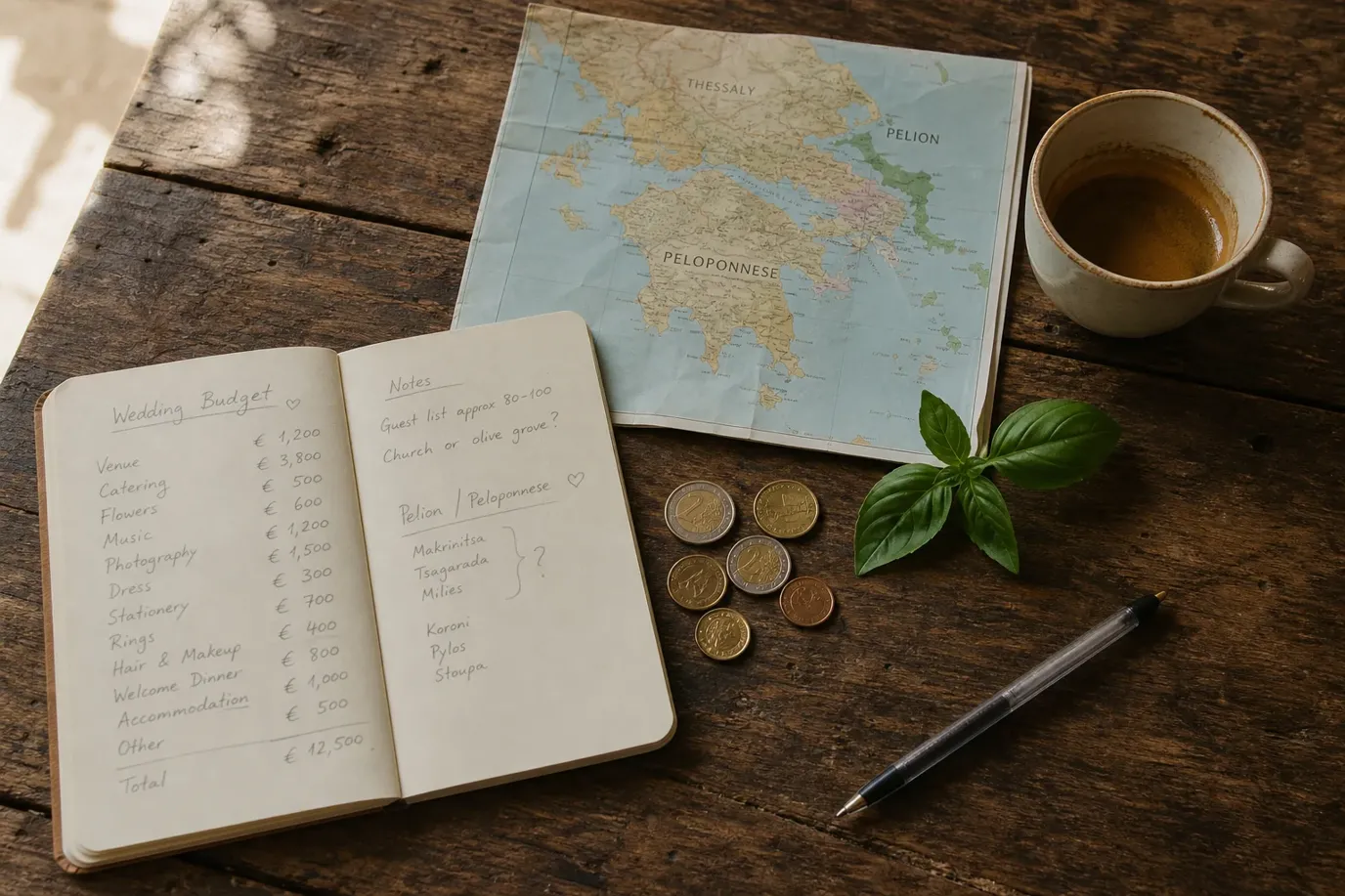 Σημειωματάριο με χειρόγραφο προϋπολογισμό γάμου στην Ελλάδα, κέρματα ευρώ και μικρός χάρτης ηπειρωτικών περιοχών πάνω σε ξύλινο τραπέζι