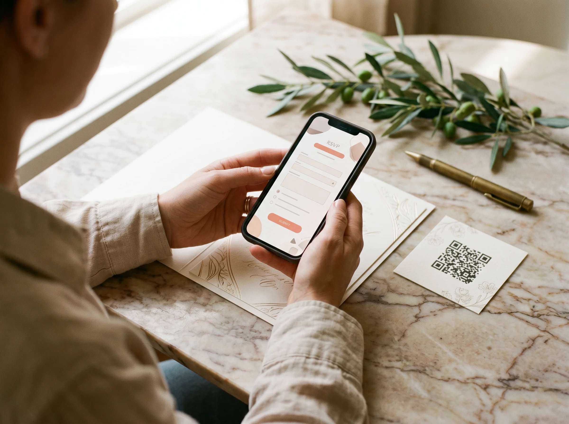 A guest filling in a wedding RSVP form on a phone next to a printed invitation and QR code card