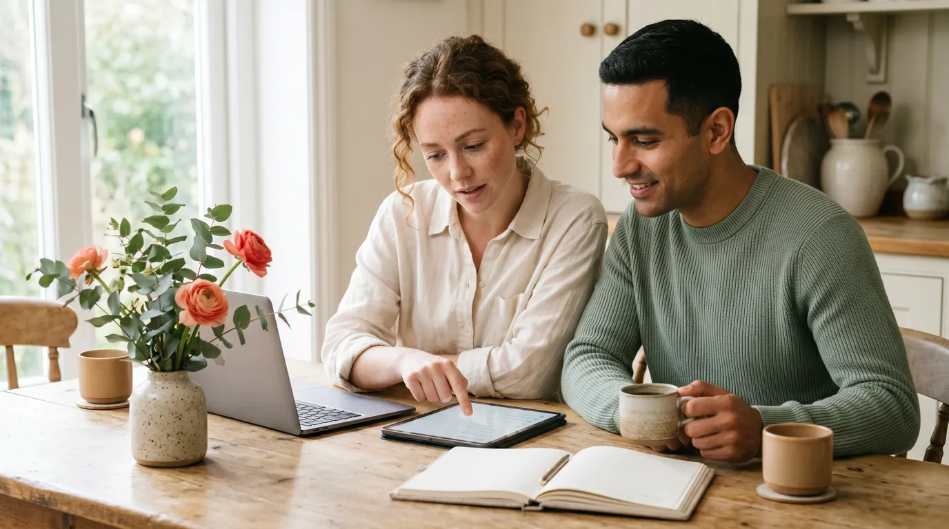 A couple reviewing their wedding guest RSVP responses on a tablet at a sunlit kitchen table