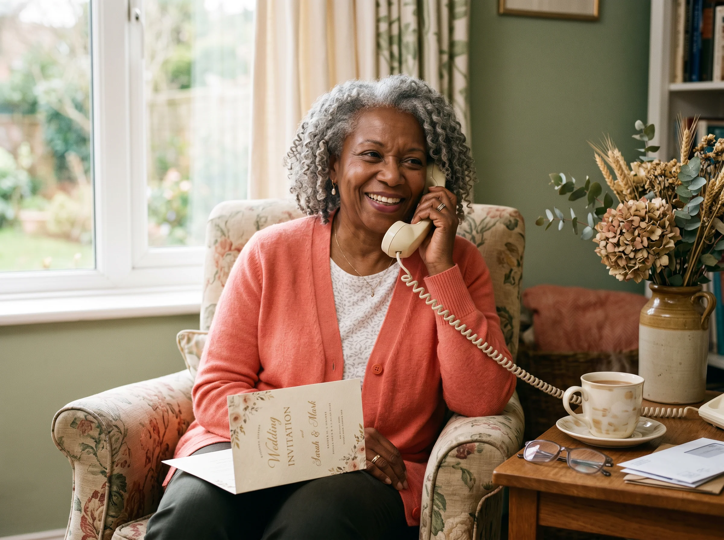 An older relative smiling on the phone with a wedding invitation on her lap, offering her RSVP personally