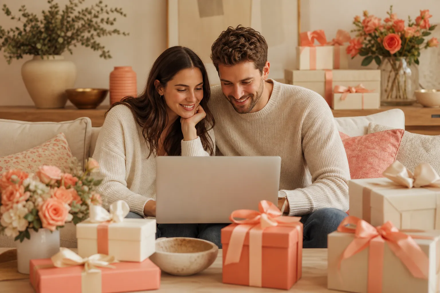 Couple comparing wedding registry tools on a laptop with gift boxes on the table