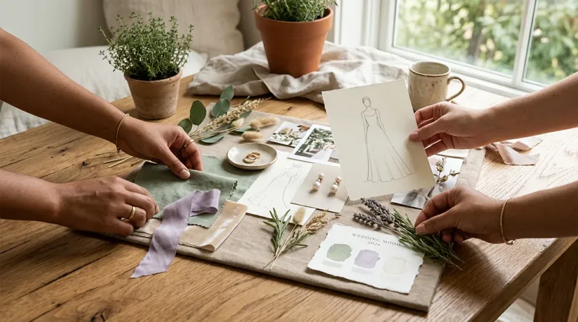 Wedding mood board with sage lavender fabric swatches and botanical details