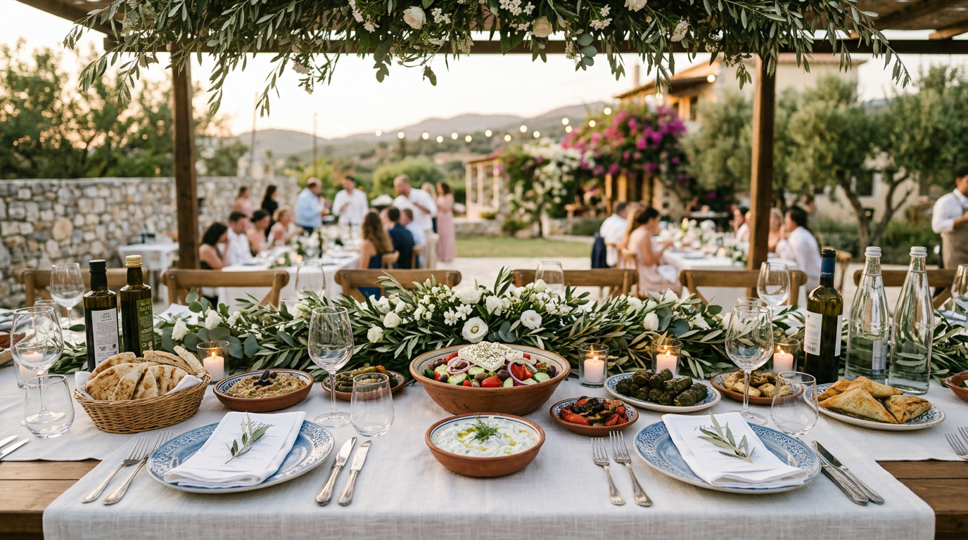 Traditional Greek wedding table with meze, salads and elegant décor, wedding menu ideas and catering inspiration