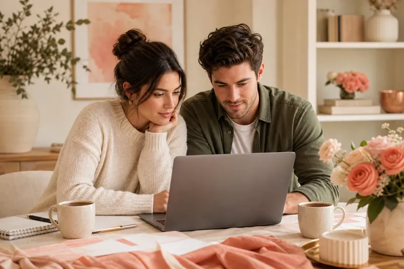 Couple working on wedding planning spreadsheets on a laptop with budget and guest list tabs
