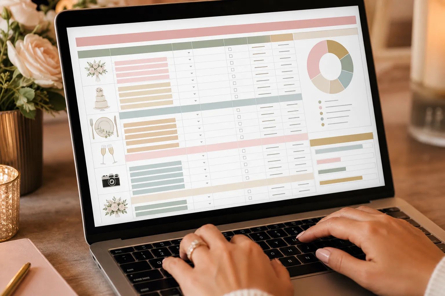 Ζευγάρι δουλεύει σε spreadsheet προϋπολογισμού γάμου σε laptop