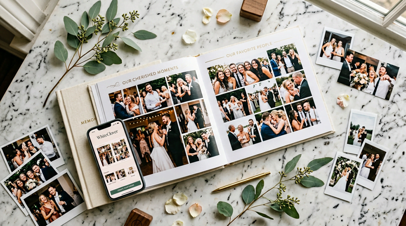 Wedding photo album open on marble table with smartphone showing WhiteClover album editor