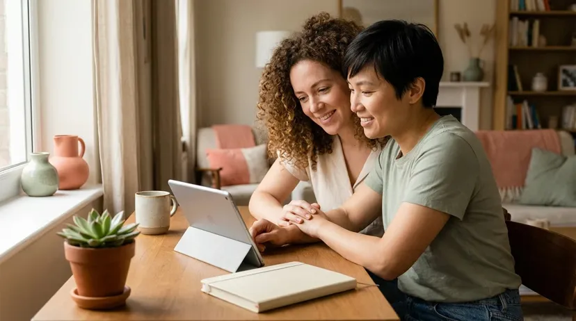 Couple organising their wedding guest list on a tablet at home