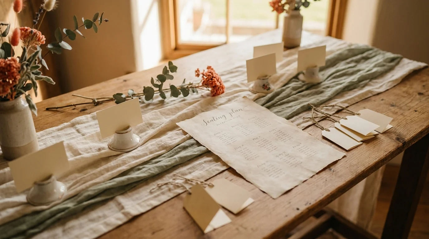 Place cards and a seating plan with small dietary note tags on a styled table