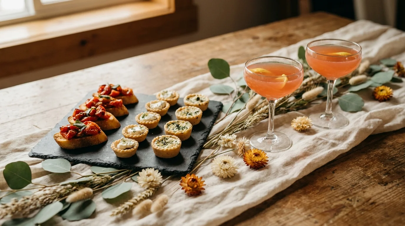 A cocktail-hour table with passed canapés and two signature drinks styled with eucalyptus