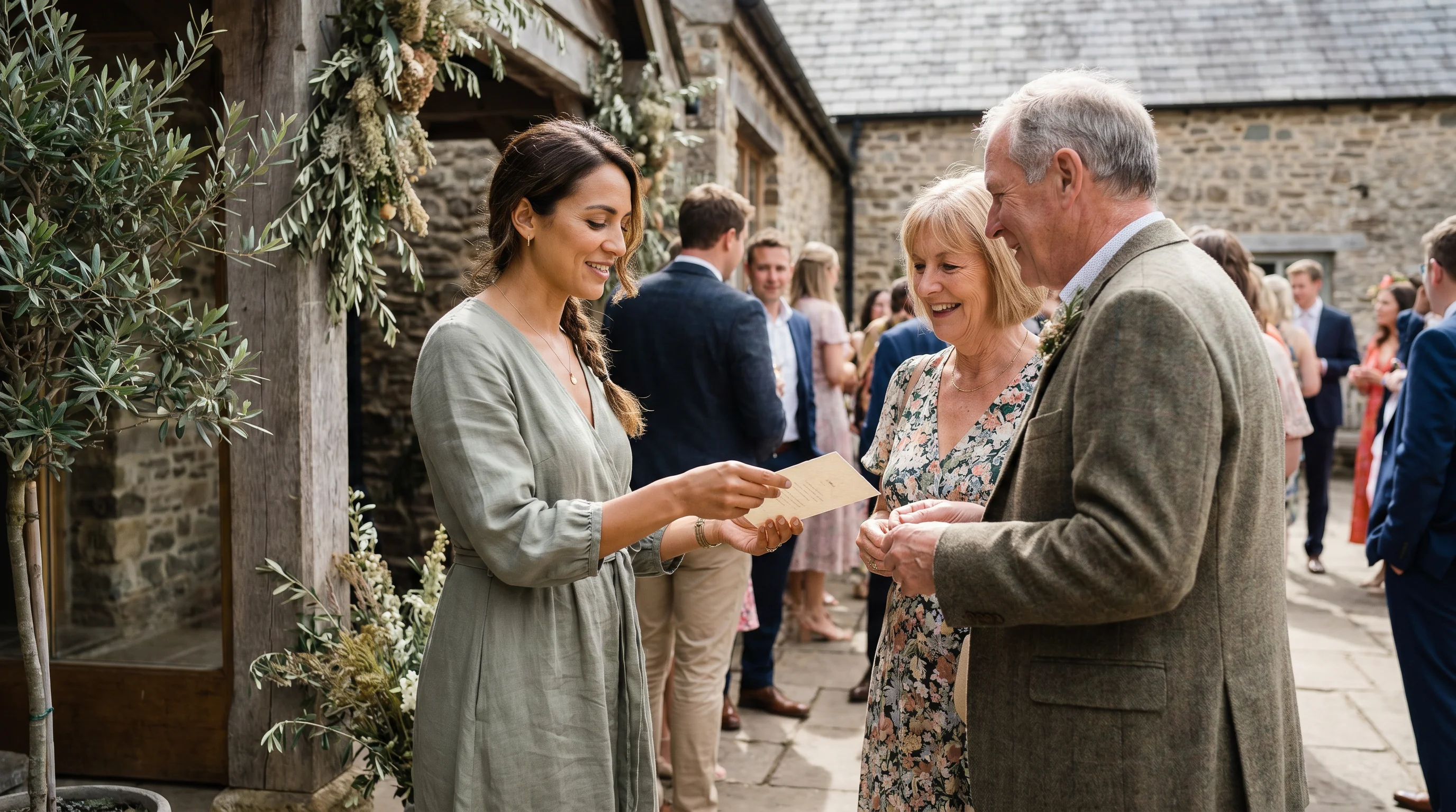 A wedding host handing a printed welcome card to an arriving older couple at the venue entrance