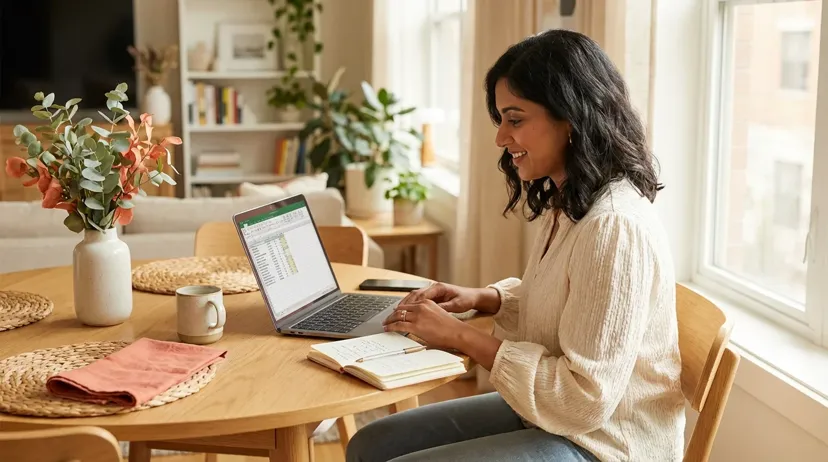 Person reviewing wedding guest list on laptop at home in warm natural light