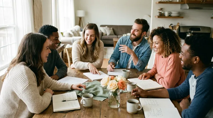 Engaged couple and wedding party planning together around a table