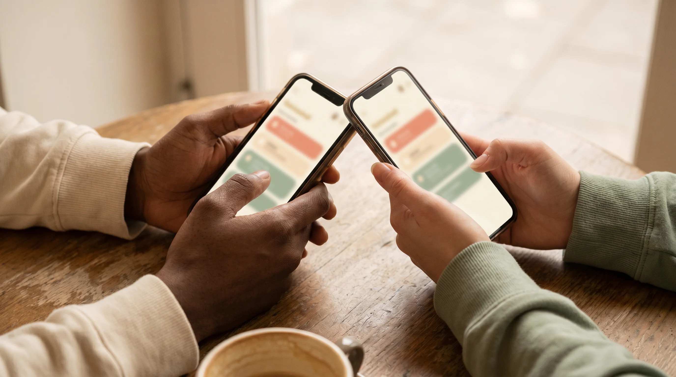 Two friends holding phones showing a shared wedding planning checklist
