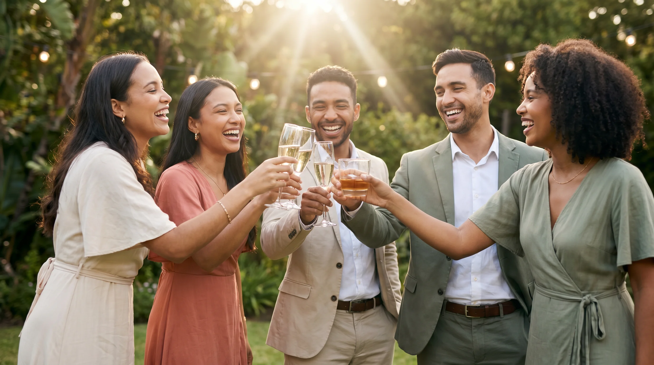 The wedding party raising a celebratory toast outdoors at golden hour