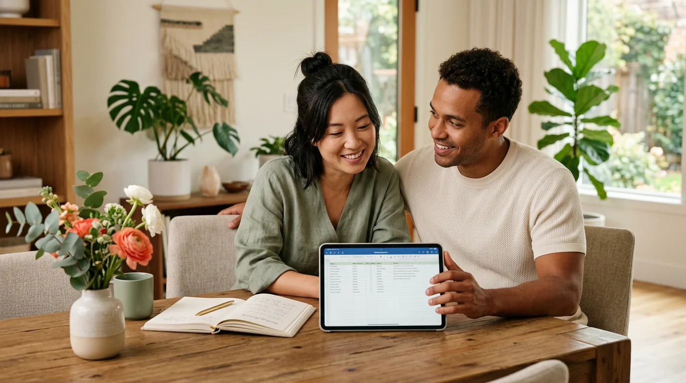 Couple reviewing wedding guest list together on a tablet at home