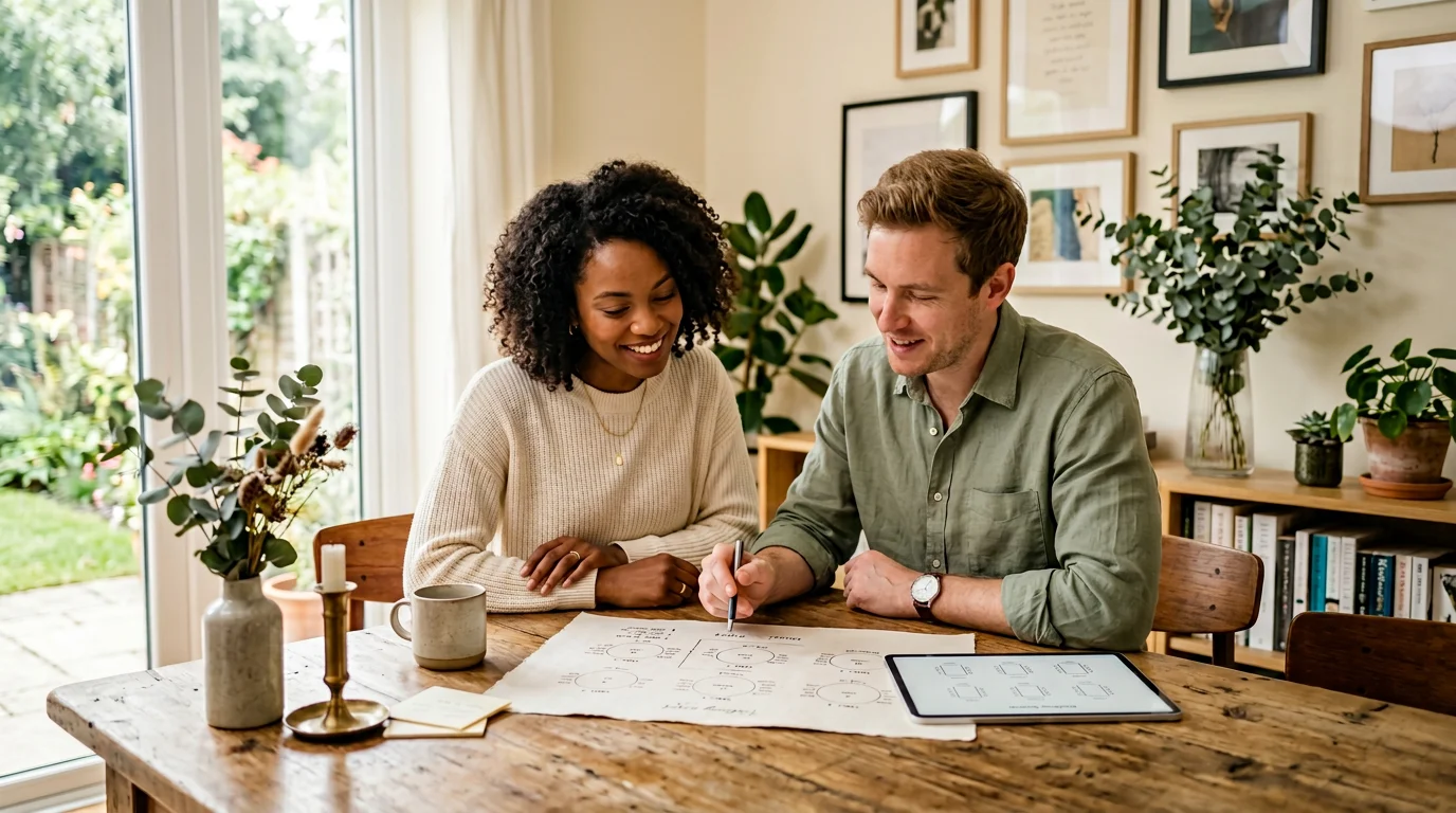 Couple planning wedding seating arrangement with tablet and chart at home