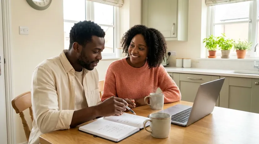 Couple calmly reviewing wedding plans together at home