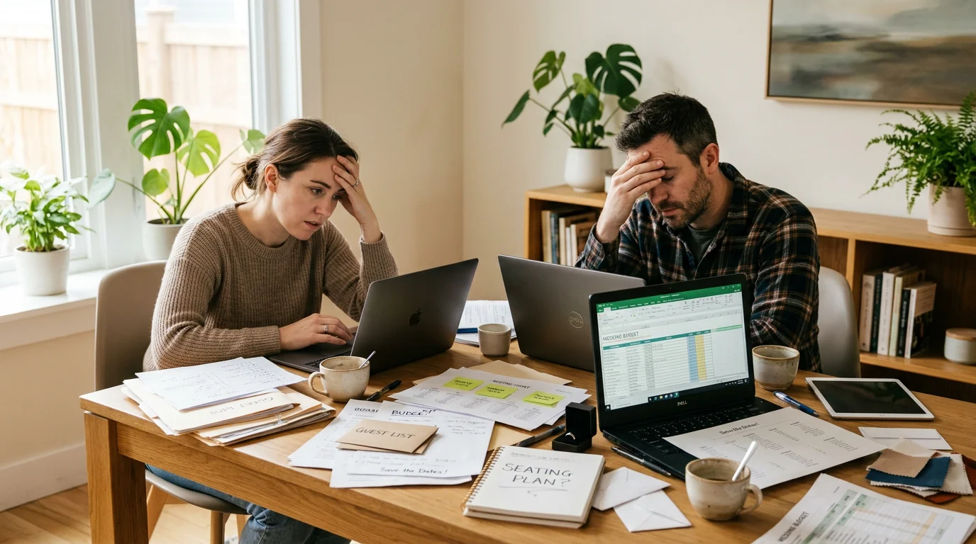 Ένα αγχωμένο ζευγάρι κάθεται σε ένα τραπέζι με laptop, δείχνοντας πελαγωμένο από έγγραφα και spreadsheets.