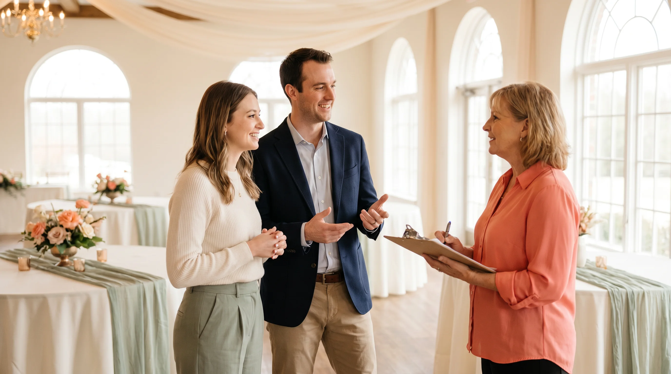 A couple meeting a venue coordinator during a walkthrough